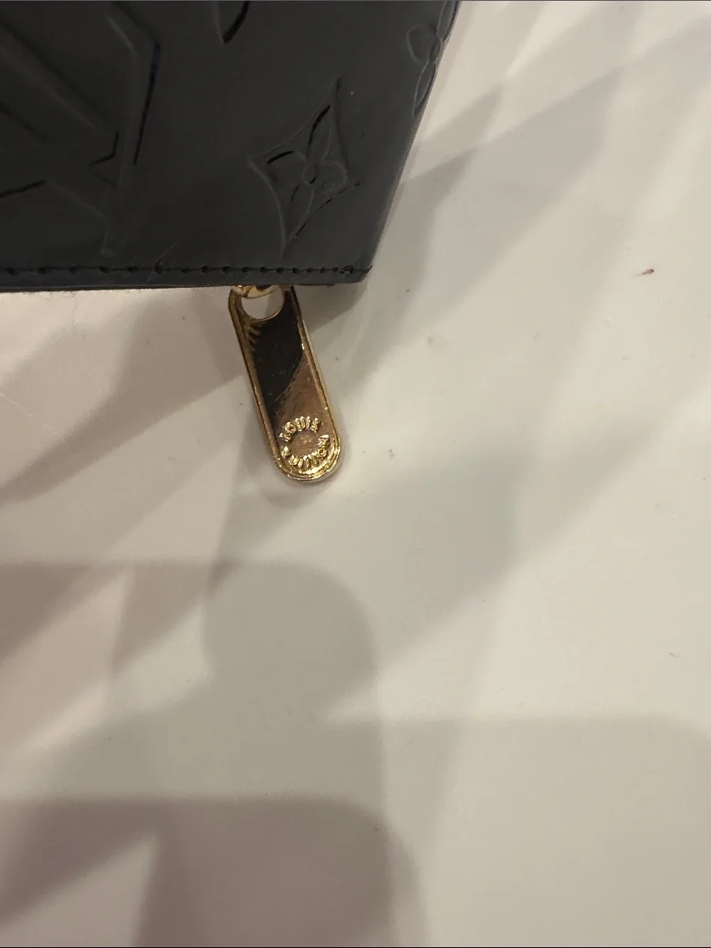 Louis Vuitton Black Patent Monogram Zip Wallet with Gold Hardware
